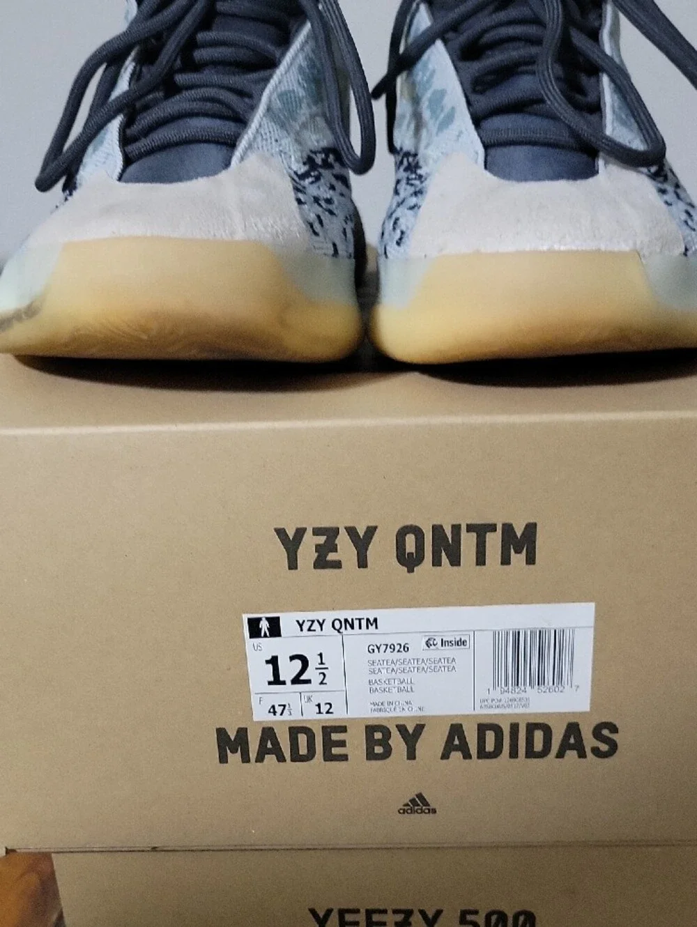 adidas YZY QNTM Knit High-Top Sneakers in Gray, Cream and Blue